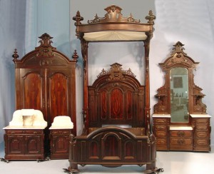 103 - 5 Piece Rosewood Vict., Bed Rm.Suit, signed - Mitchell & Rammelsburg, half Tester Bed, Wardrobe, Dresser, Wash Stand, half Commode, set a