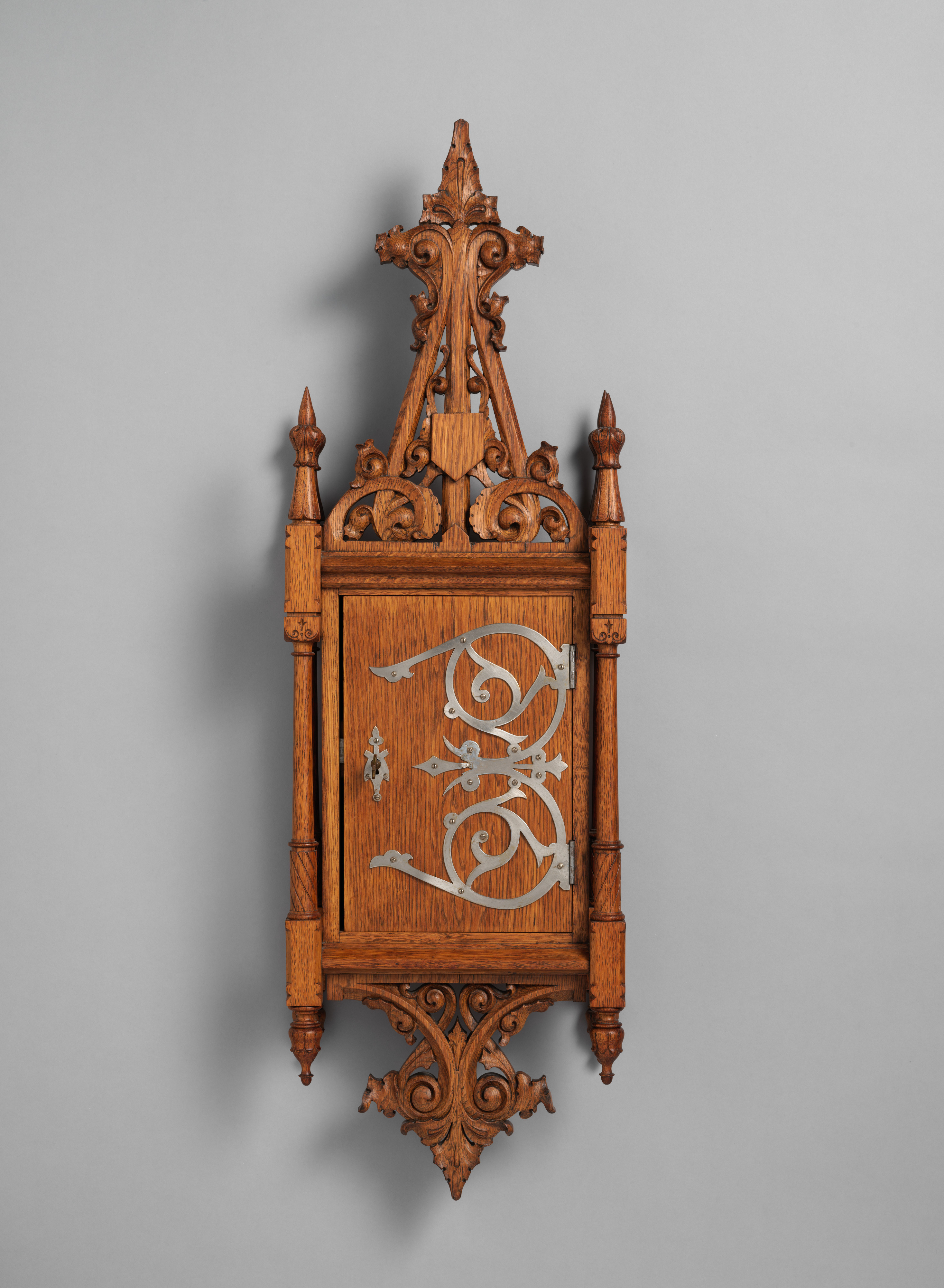 Kimbel and Cabus oak hanging key cabinet, ca. 1874
