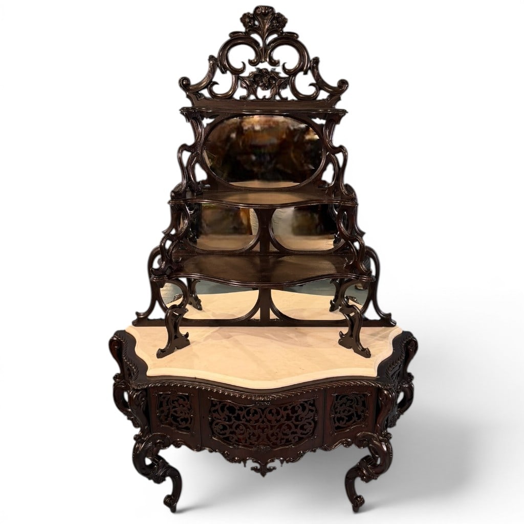 Laminated rosewood marble-top étagère attributed to J. and J.W. Meeks