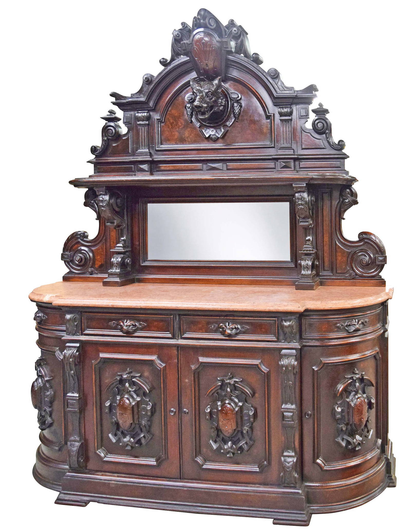 Walnut Renaissance Revival sideboard attributed to Alexander Roux with marble top and wolf-head crest